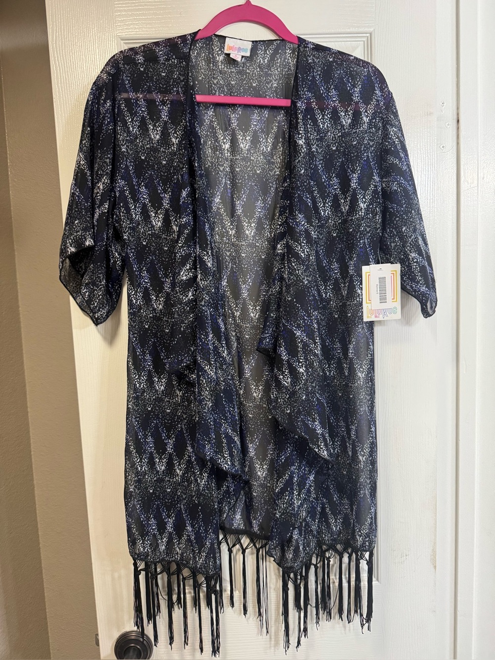 Lularoe sheer black, blue, & white Monroe with black fringe. NWT